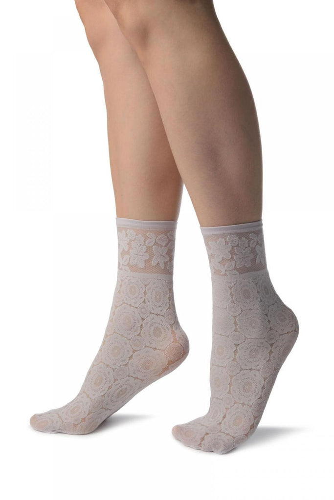 Liss Kiss Heather Pink With Large Lace Flowers Ankle High Socks - Socks