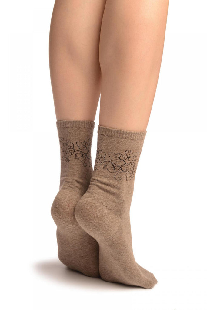 Liss Kiss Hedera Leaves On Dark Grey Ankle High Socks - Socks