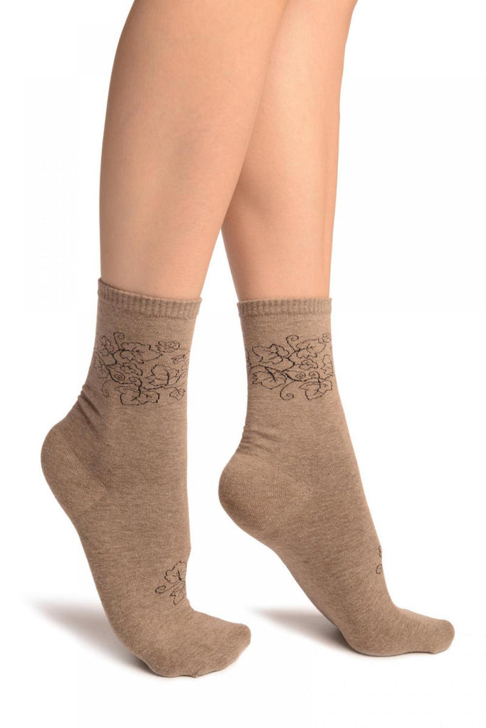 Liss Kiss Hedera Leaves On Dark Grey Ankle High Socks - Socks