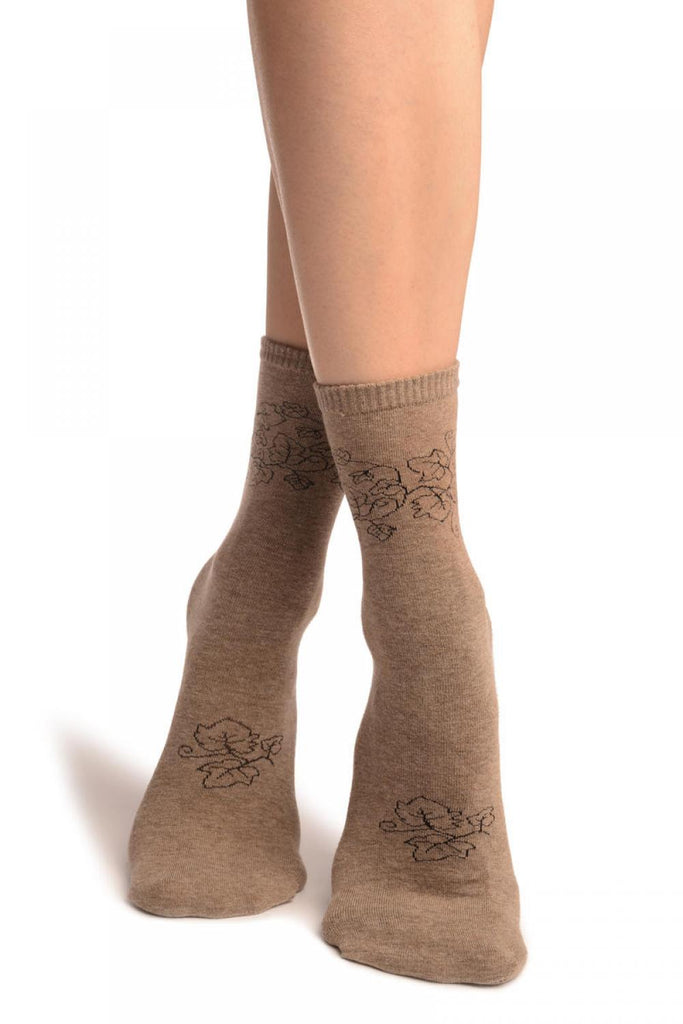 Liss Kiss Hedera Leaves On Dark Grey Ankle High Socks - Socks