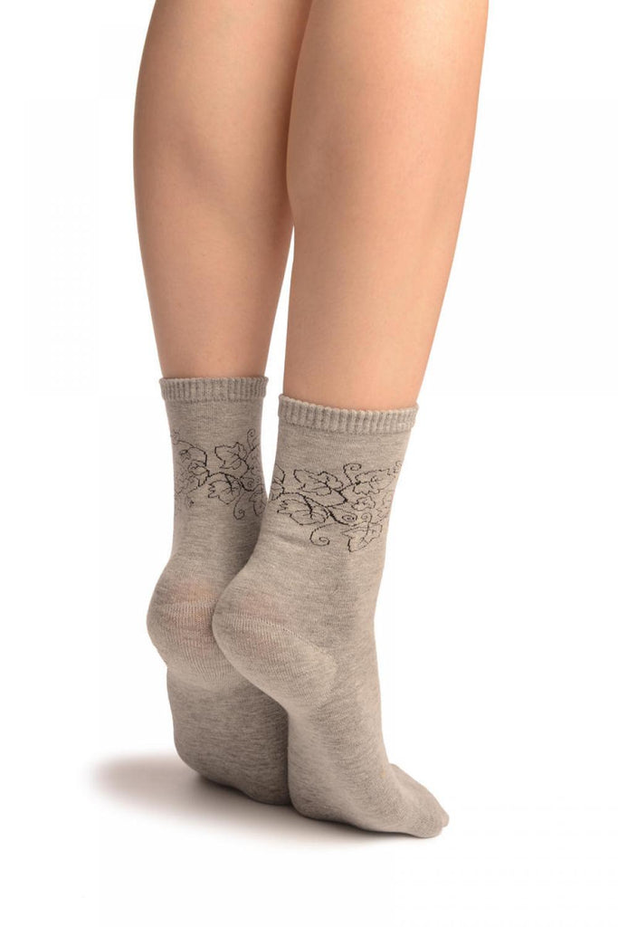 Liss Kiss Hedera Leaves On Grey Ankle High Socks - Socks