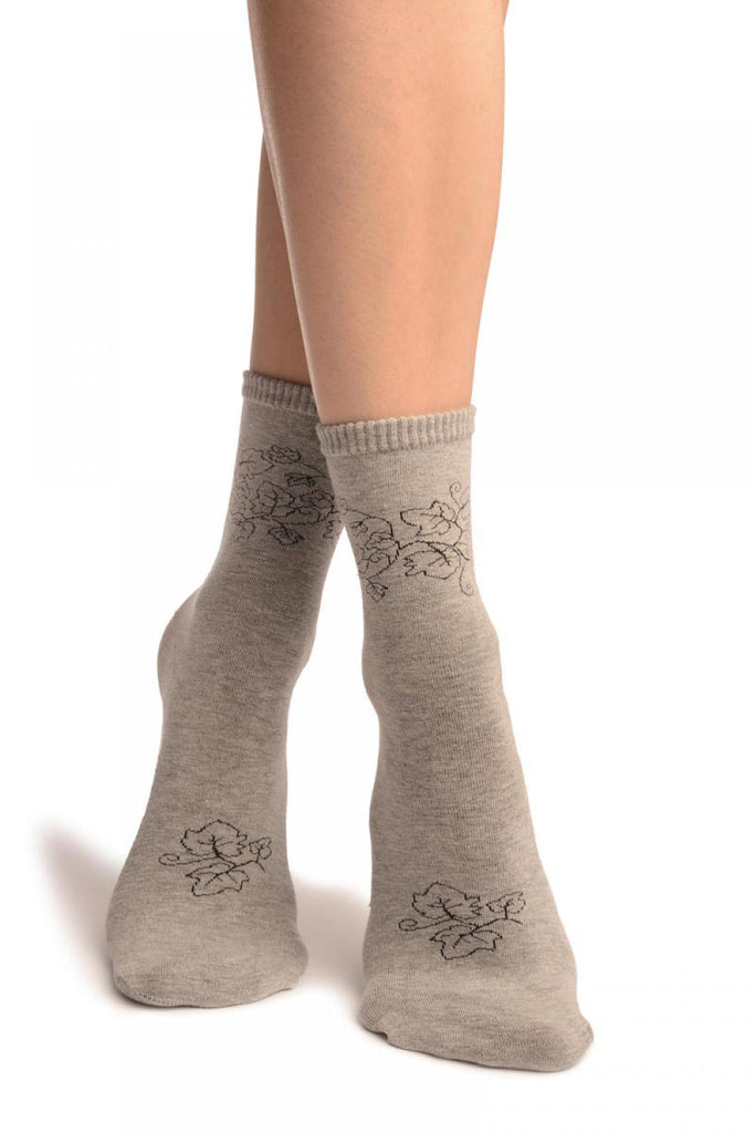 liss kiss Hedera Leaves On Grey Ankle High Socks - Socks