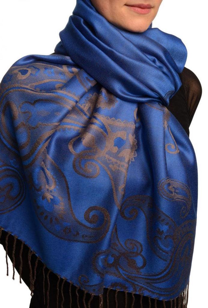 Liss Kiss Joined Grey Paisleys On Prussian Blue Pashmina Feel With Tassels - Scarf
