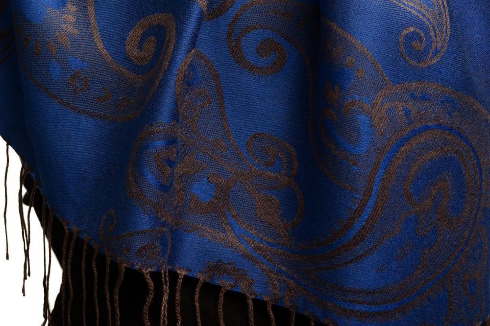 Liss Kiss Joined Grey Paisleys On Prussian Blue Pashmina Feel With Tassels - Scarf