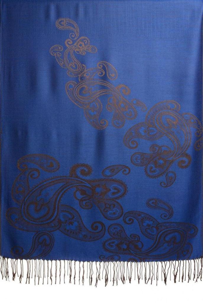 Liss Kiss Joined Grey Paisleys On Prussian Blue Pashmina Feel With Tassels - Scarf