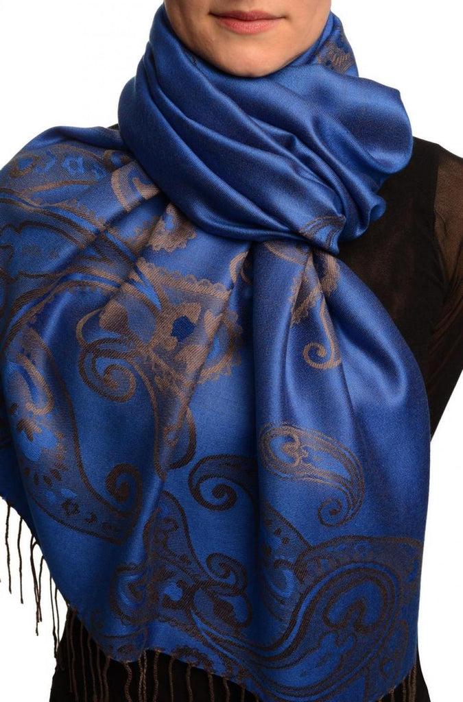 liss kiss Joined Grey Paisleys On Prussian Blue Pashmina Feel With Tassels - Scarf