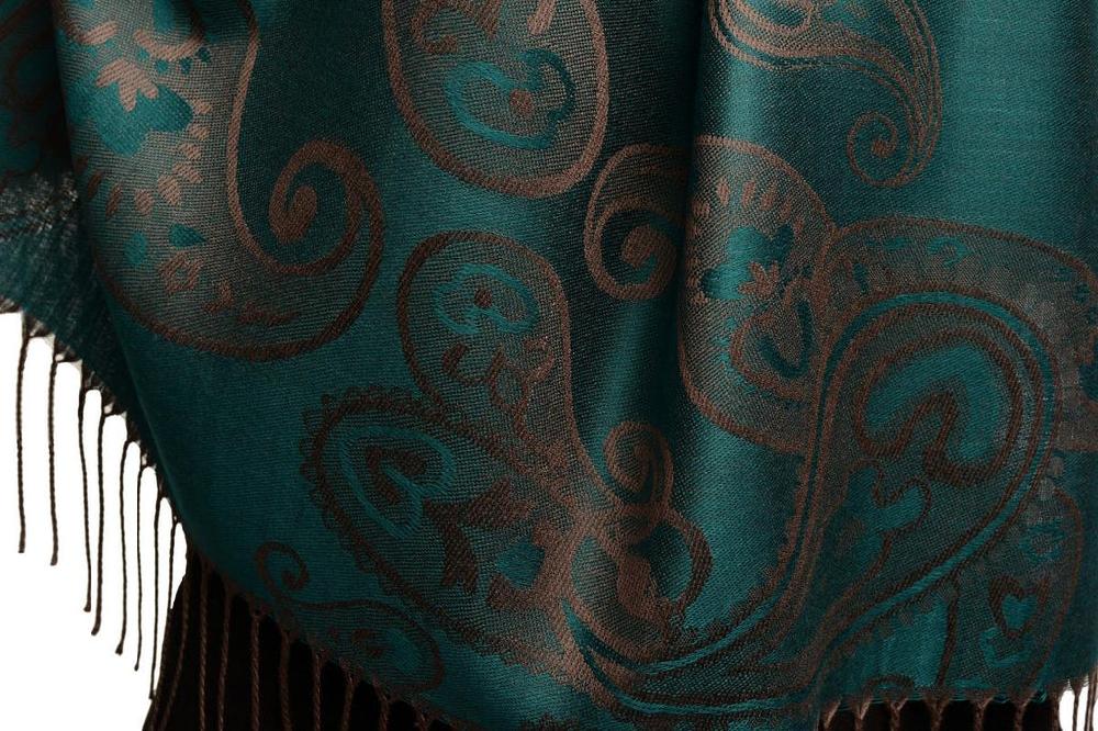 Liss Kiss Joined Grey Paisleys On Teal Blue Pashmina Feel With Tassels - Scarf