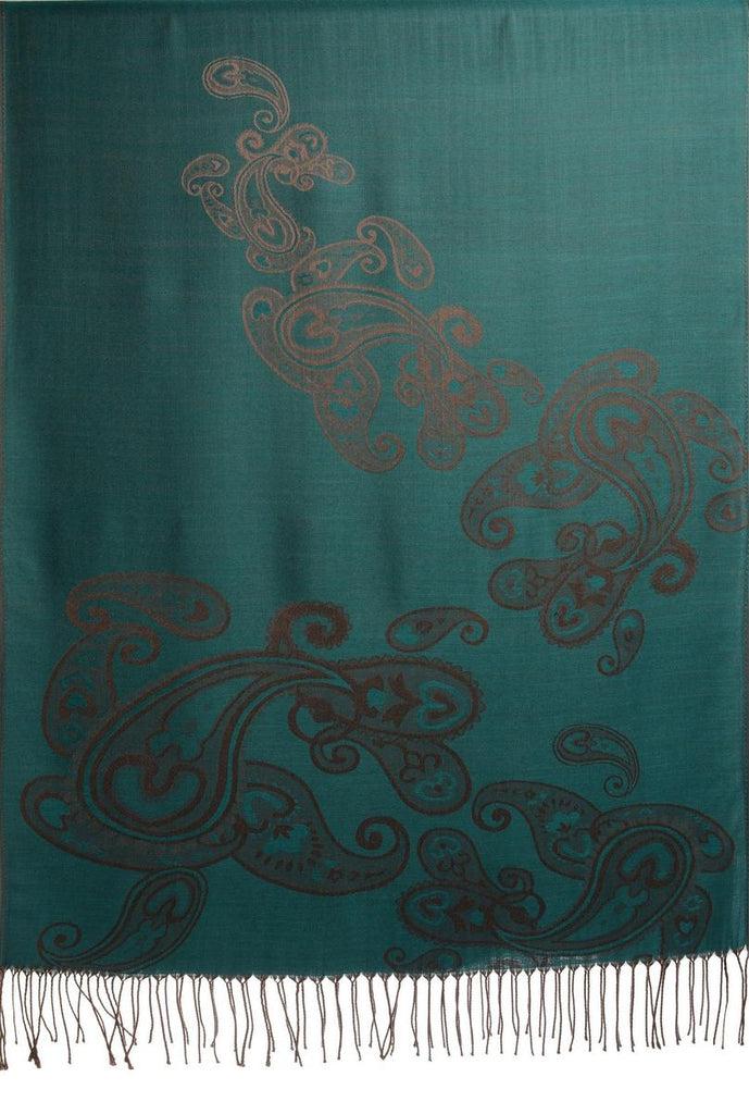 Liss Kiss Joined Grey Paisleys On Teal Blue Pashmina Feel With Tassels - Scarf