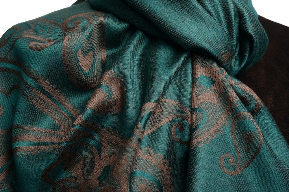 Liss Kiss Joined Grey Paisleys On Teal Blue Pashmina Feel With Tassels - Scarf