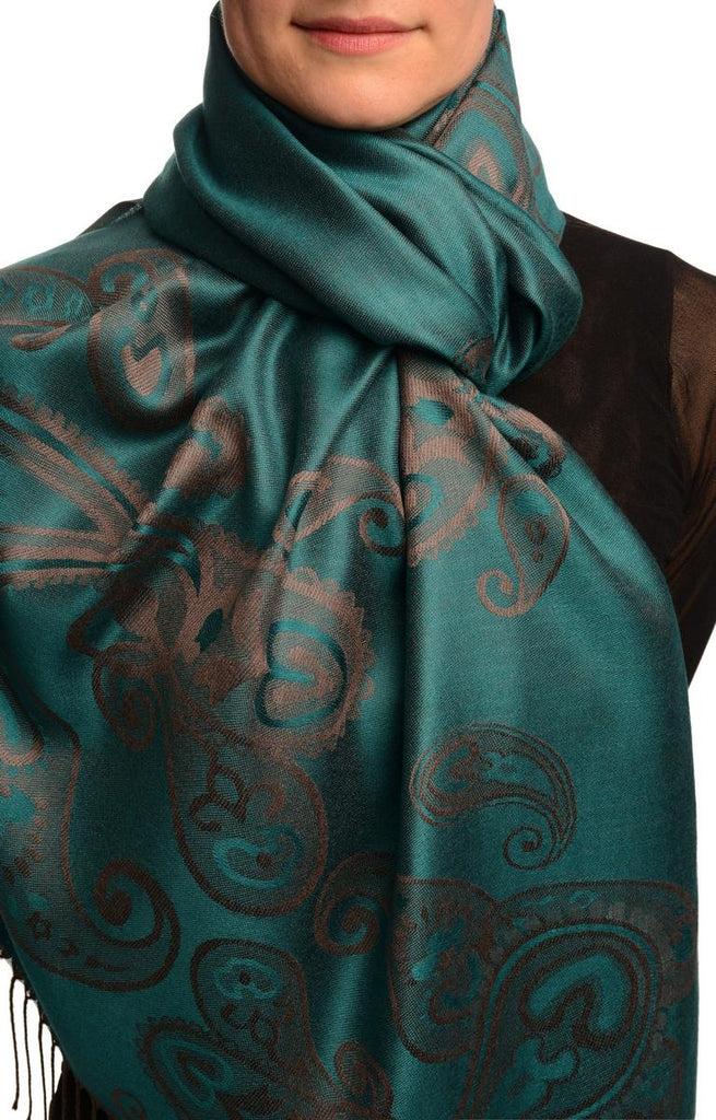 liss kiss Joined Grey Paisleys On Teal Blue Pashmina Feel With Tassels - Scarf