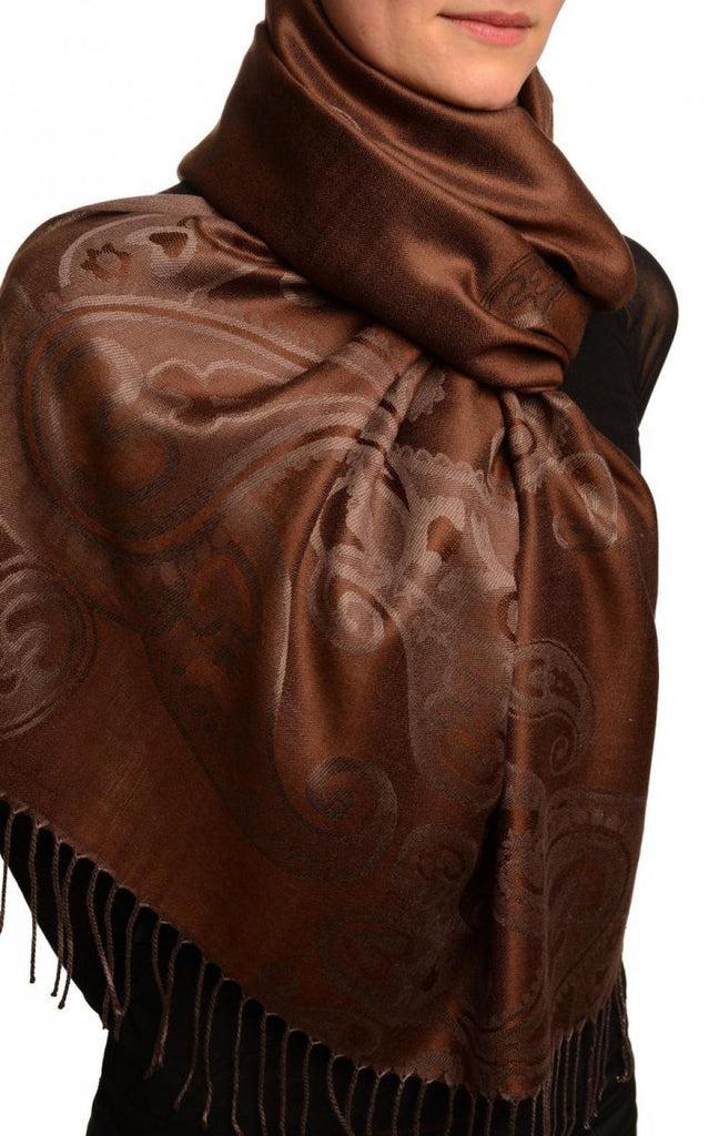 Liss Kiss Joined Paisleys On Brown Pashmina Feel With Tassels - Scarf