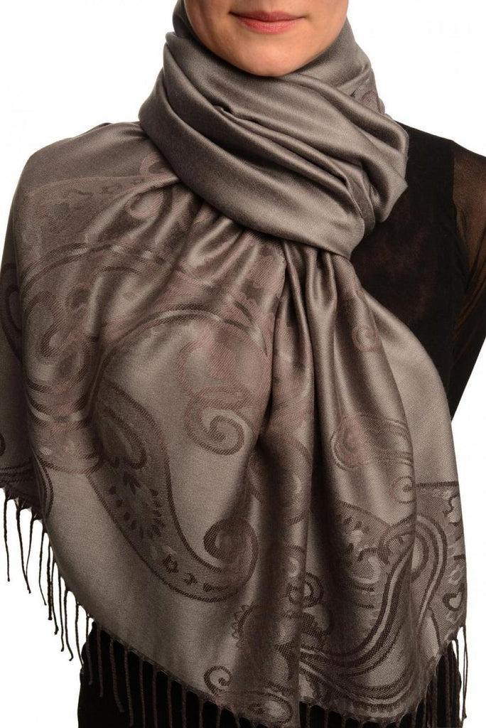 liss kiss Joined Paisleys On Dark Grey Pashmina Feel With Tassels - Scarf