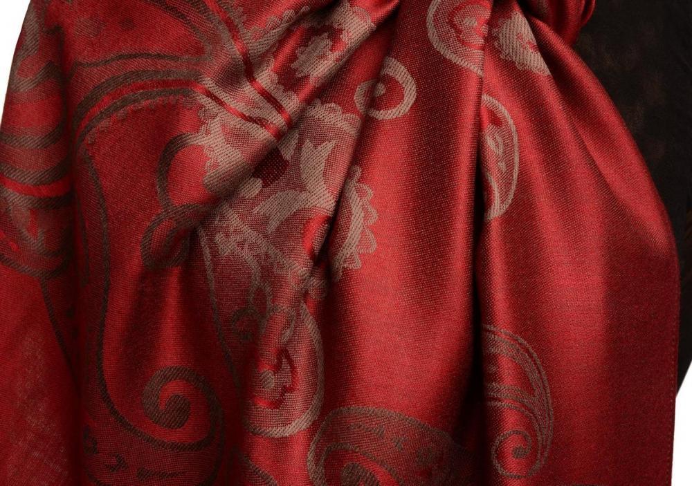 Liss Kiss Joined Paisleys On Dark Red Pashmina Feel With Tassels - Scarf