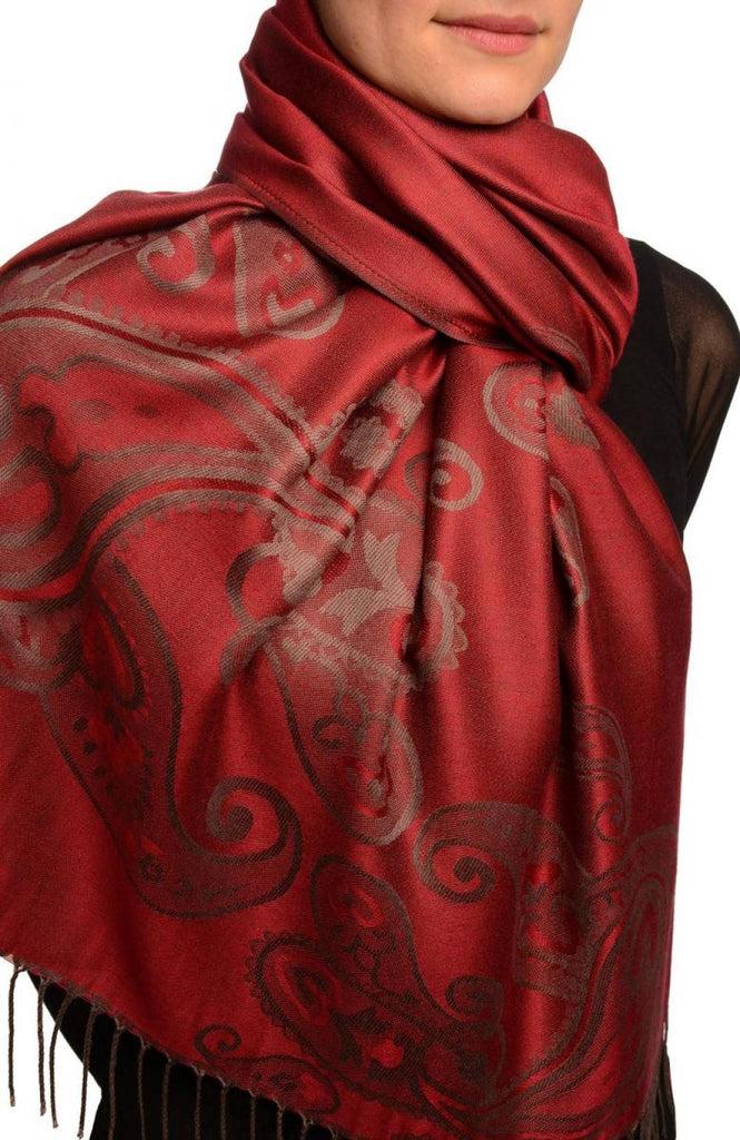 Liss Kiss Joined Paisleys On Dark Red Pashmina Feel With Tassels - Scarf