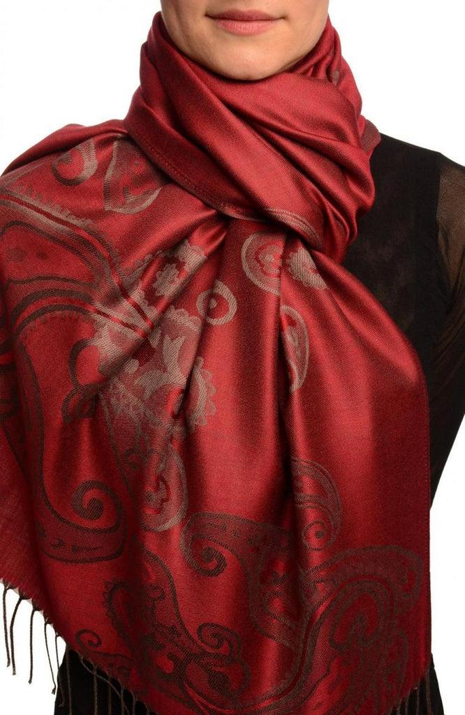liss kiss Joined Paisleys On Dark Red Pashmina Feel With Tassels - Scarf