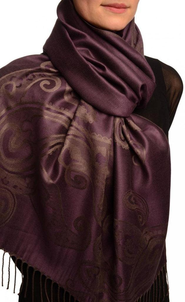 Liss Kiss Joined Paisleys On Dark Violet Pashmina Feel With Tassels - Scarf