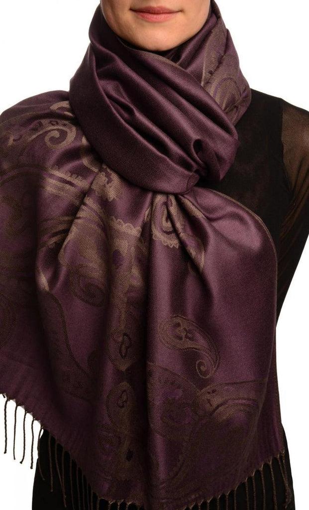 liss kiss Joined Paisleys On Dark Violet Pashmina Feel With Tassels - Scarf