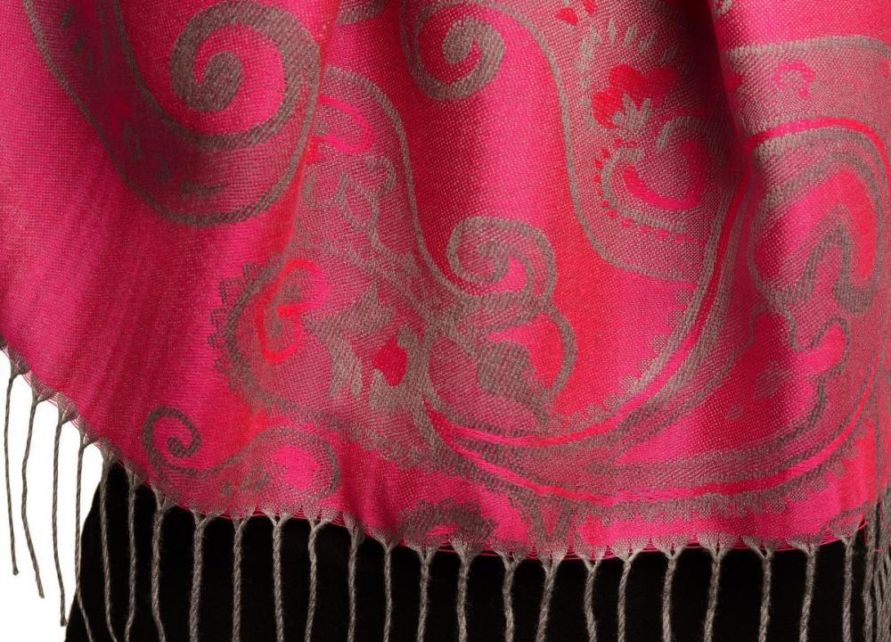 Liss Kiss Joined Paisleys On Fuchsia Pink Pashmina Feel With Tassels - Scarf
