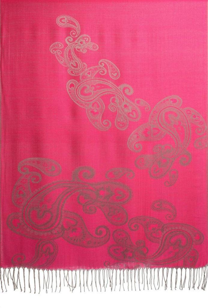 Liss Kiss Joined Paisleys On Fuchsia Pink Pashmina Feel With Tassels - Scarf