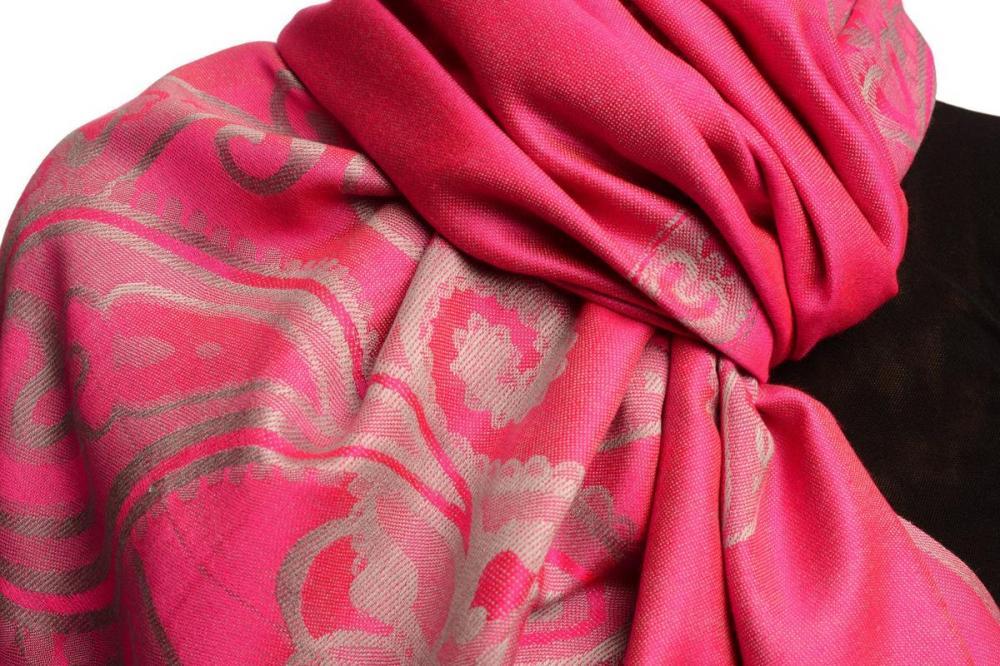 Liss Kiss Joined Paisleys On Fuchsia Pink Pashmina Feel With Tassels - Scarf