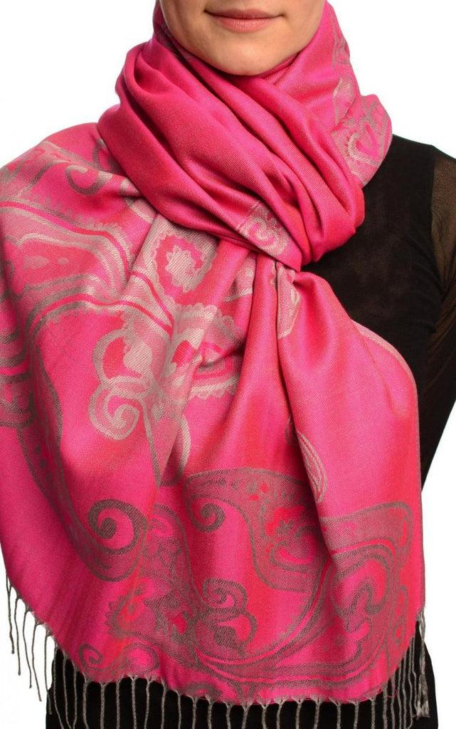 liss kiss Joined Paisleys On Fuchsia Pink Pashmina Feel With Tassels - Scarf