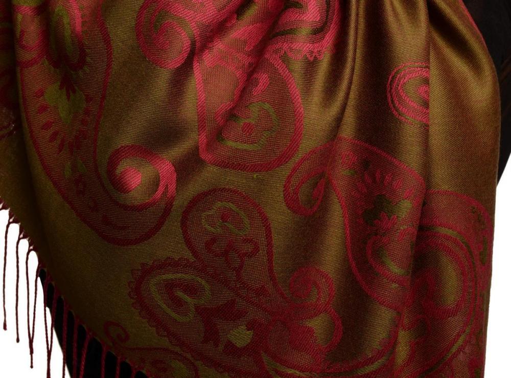 Liss Kiss Joined Paisleys On Olive Green Pashmina Feel With Tassels - Scarf