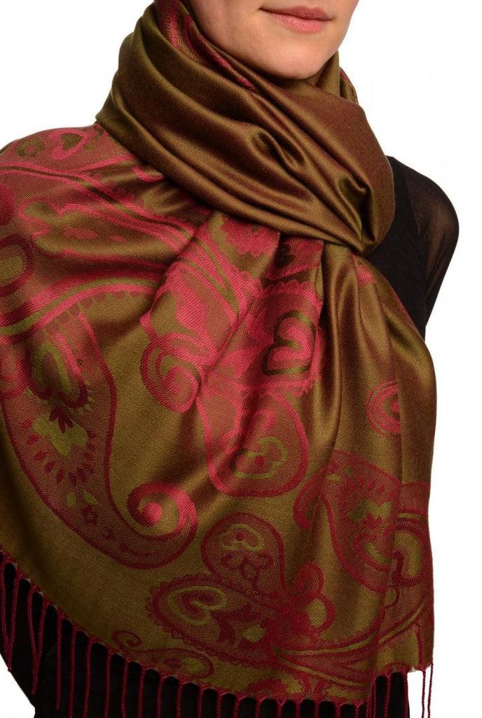 Liss Kiss Joined Paisleys On Olive Green Pashmina Feel With Tassels - Scarf