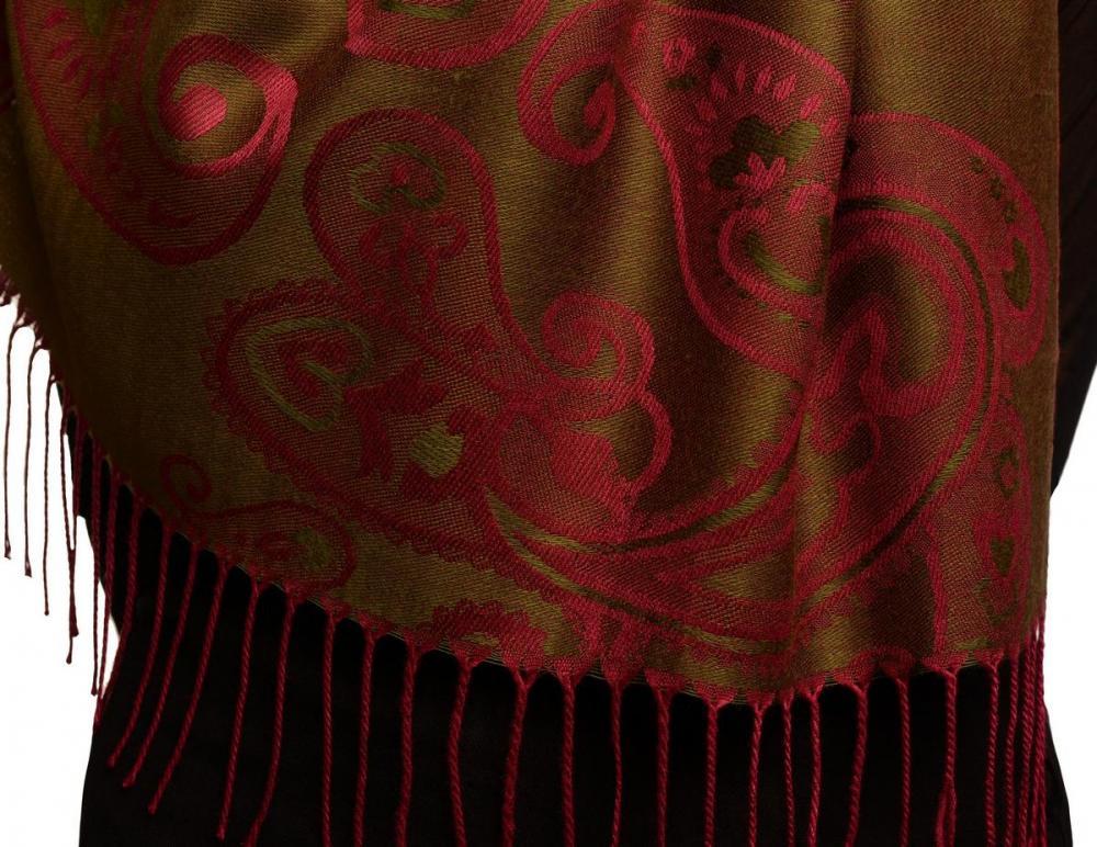 Liss Kiss Joined Paisleys On Olive Green Pashmina Feel With Tassels - Scarf