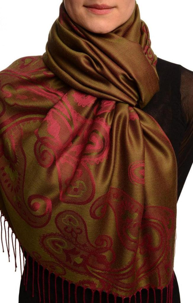 liss kiss Joined Paisleys On Olive Green Pashmina Feel With Tassels - Scarf