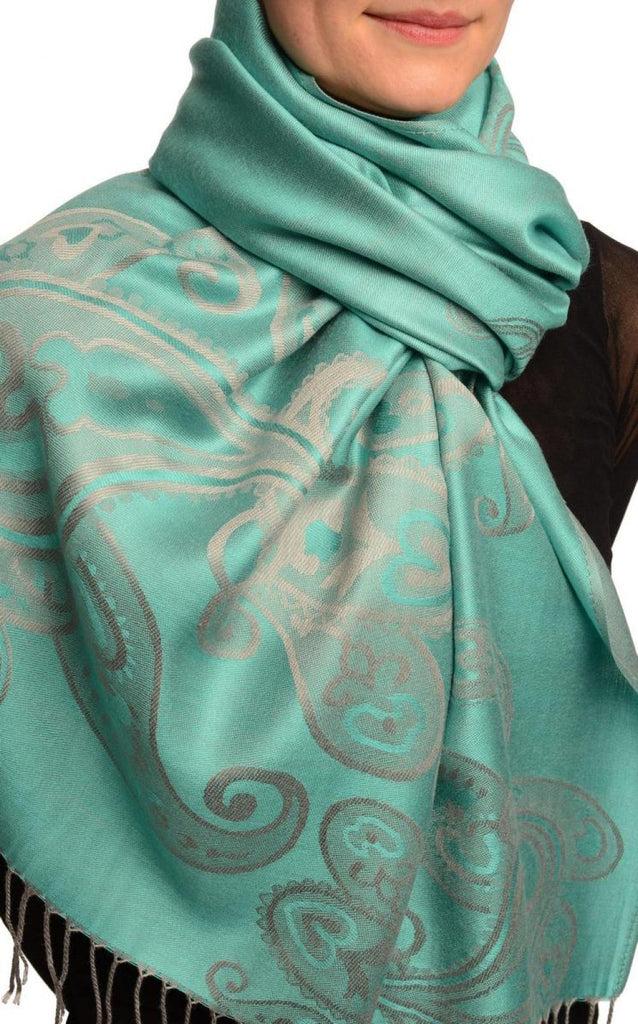 Liss Kiss Joined Paisleys On Powder Blue Pashmina Feel With Tassels - Scarf
