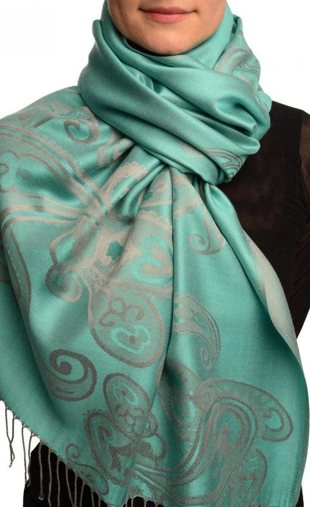 liss kiss Joined Paisleys On Powder Blue Pashmina Feel With Tassels - Scarf