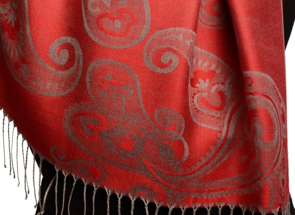 Liss Kiss Joined Paisleys On Red Pashmina Feel With Tassels - Scarf