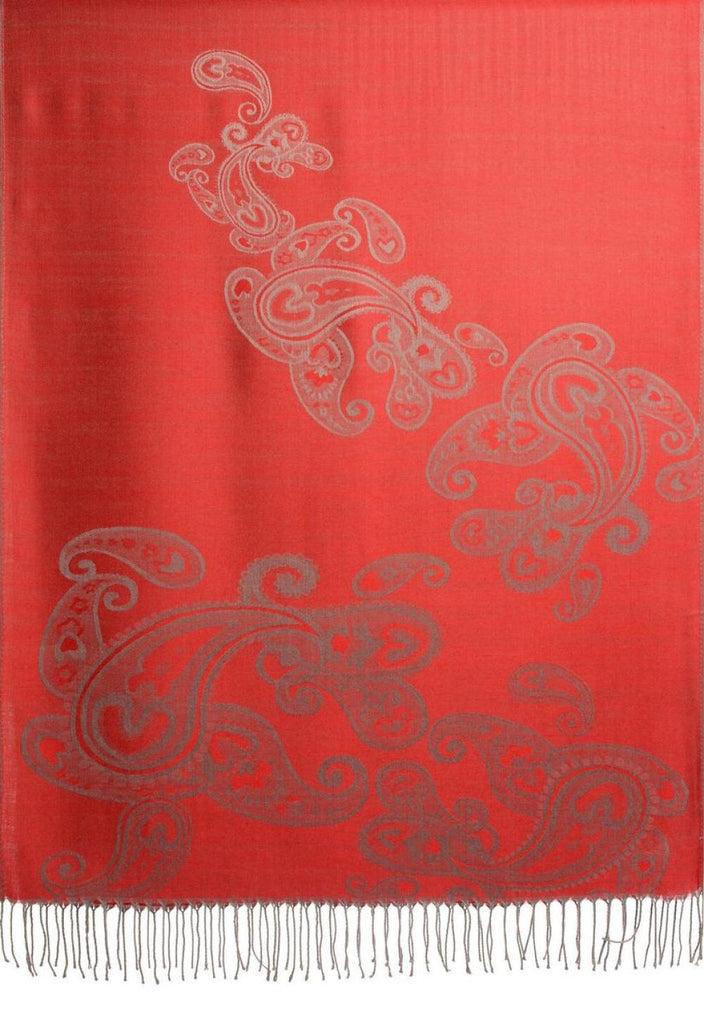 Liss Kiss Joined Paisleys On Red Pashmina Feel With Tassels - Scarf