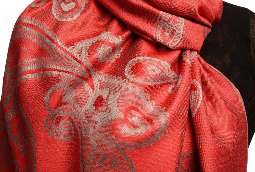 Liss Kiss Joined Paisleys On Red Pashmina Feel With Tassels - Scarf