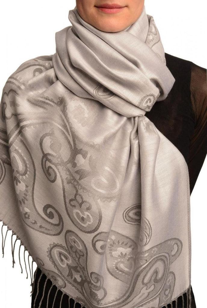 liss kiss Joined Paisleys On Silver Grey Pashmina Feel With Tassels - Scarf