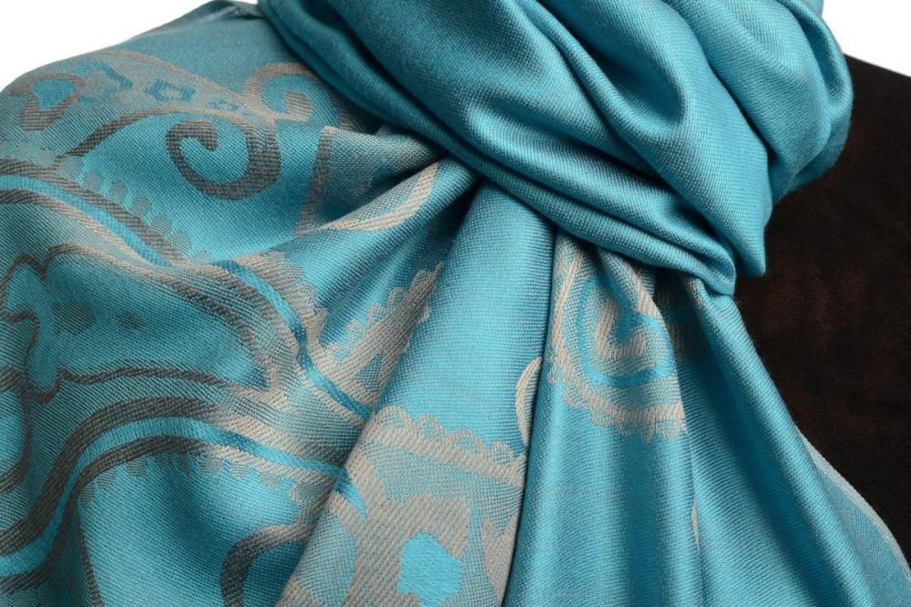 Liss Kiss Joined Paisleys On Sky Blue Pashmina Feel With Tassels - Scarf