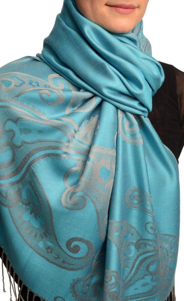 Liss Kiss Joined Paisleys On Sky Blue Pashmina Feel With Tassels - Scarf