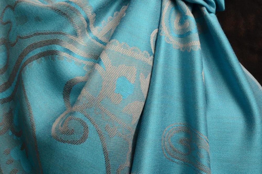 Liss Kiss Joined Paisleys On Sky Blue Pashmina Feel With Tassels - Scarf