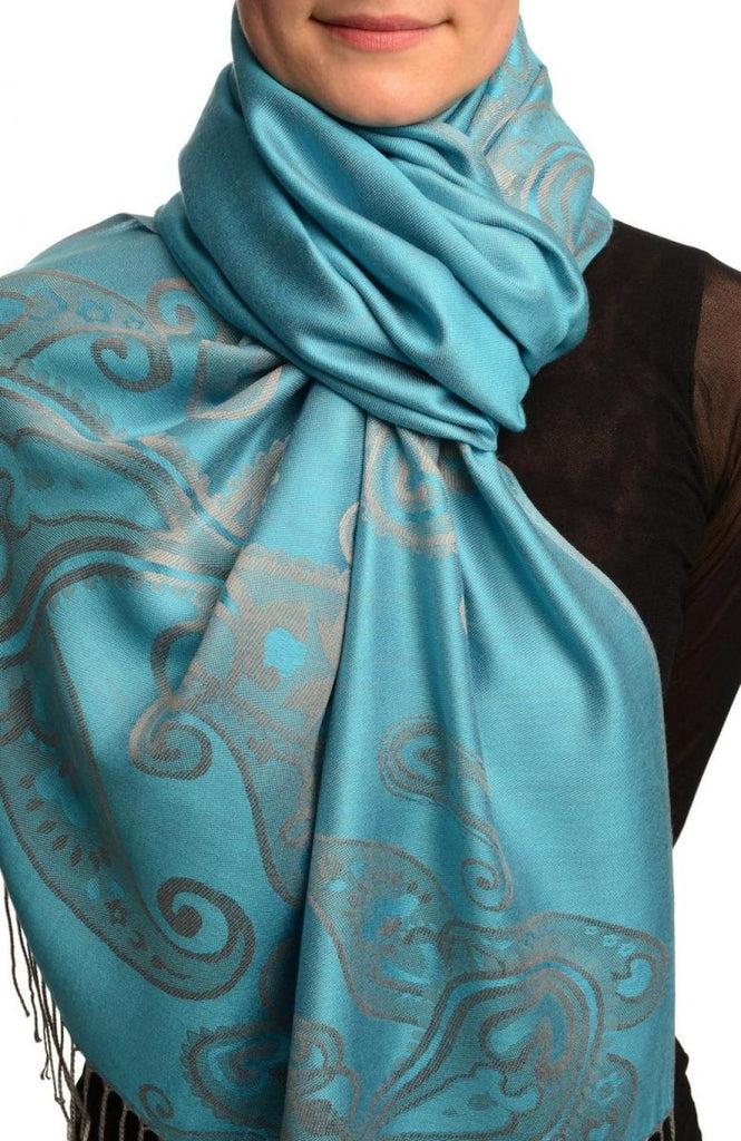 liss kiss Joined Paisleys On Sky Blue Pashmina Feel With Tassels - Scarf