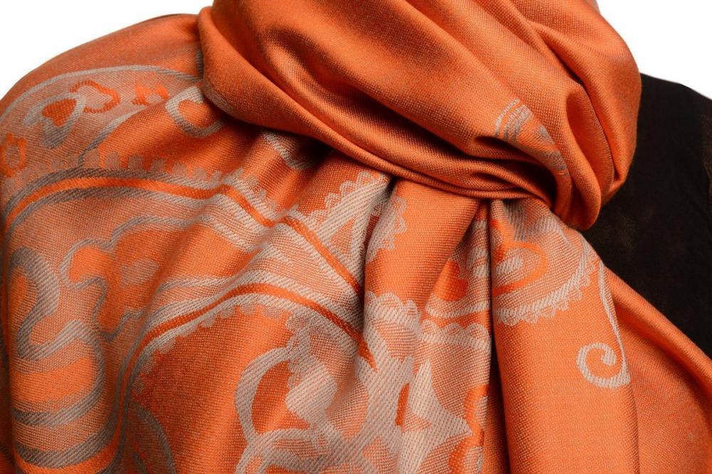 Liss Kiss Joined Paisleys On Terracotta Pashmina Feel With Tassels - Scarf