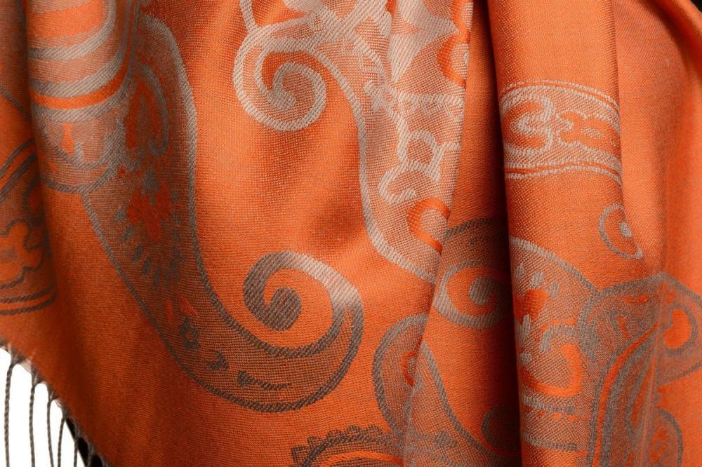 Liss Kiss Joined Paisleys On Terracotta Pashmina Feel With Tassels - Scarf