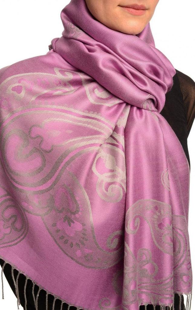 Liss Kiss Joined Paisleys On Violet Pashmina Feel With Tassels - Scarf
