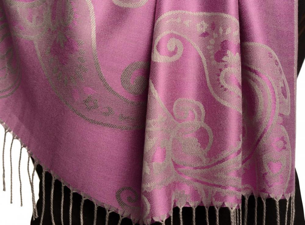 Liss Kiss Joined Paisleys On Violet Pashmina Feel With Tassels - Scarf