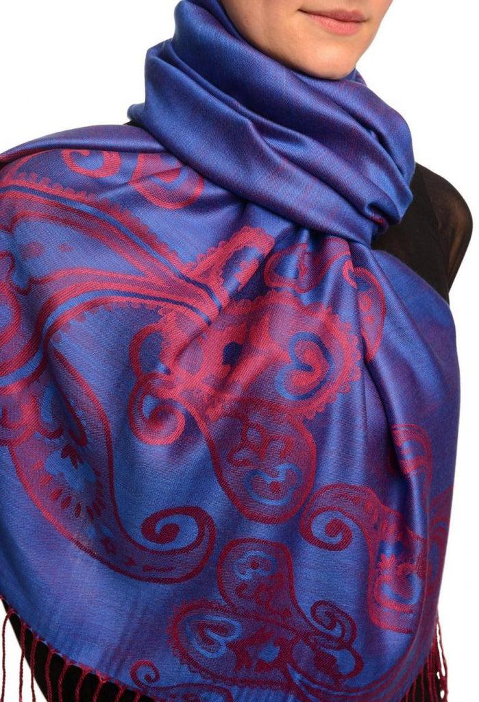 Liss Kiss Joined Red Paisleys On Prussian Blue Pashmina Feel With Tassels - Scarf