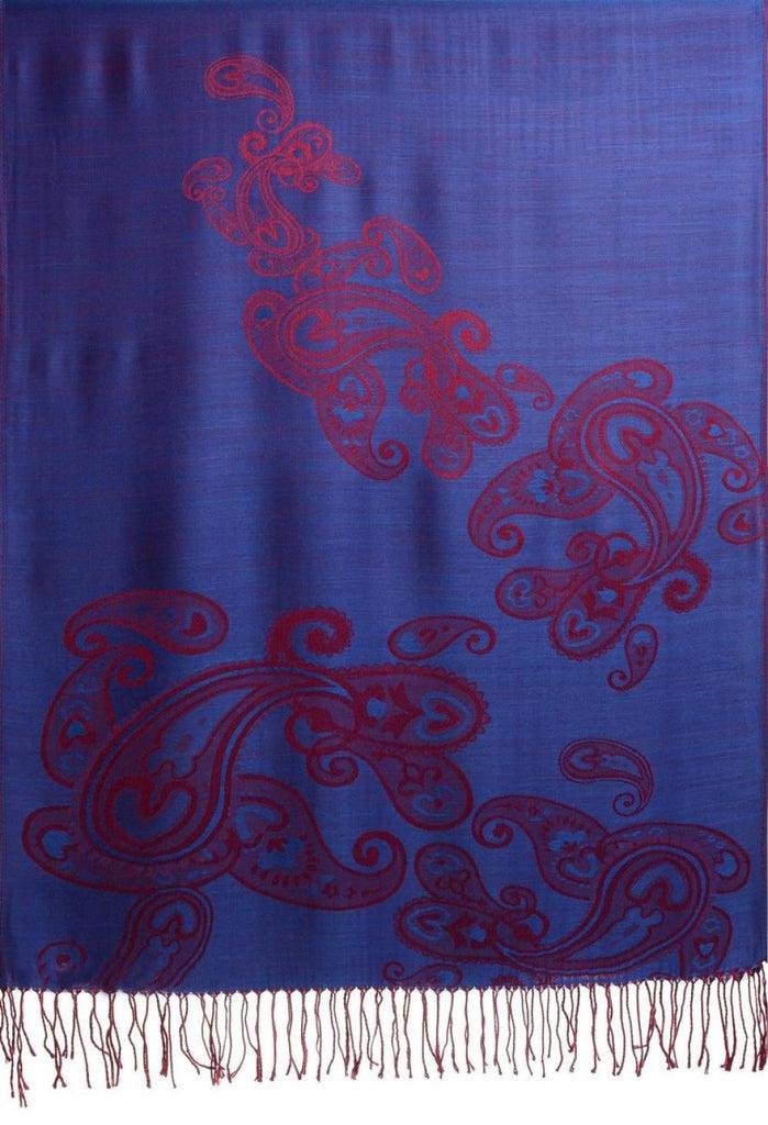Liss Kiss Joined Red Paisleys On Prussian Blue Pashmina Feel With Tassels - Scarf