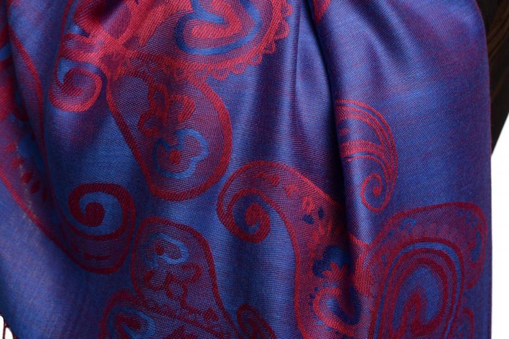 Liss Kiss Joined Red Paisleys On Prussian Blue Pashmina Feel With Tassels - Scarf