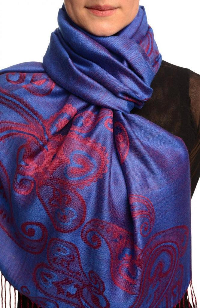 liss kiss Joined Red Paisleys On Prussian Blue Pashmina Feel With Tassels - Scarf