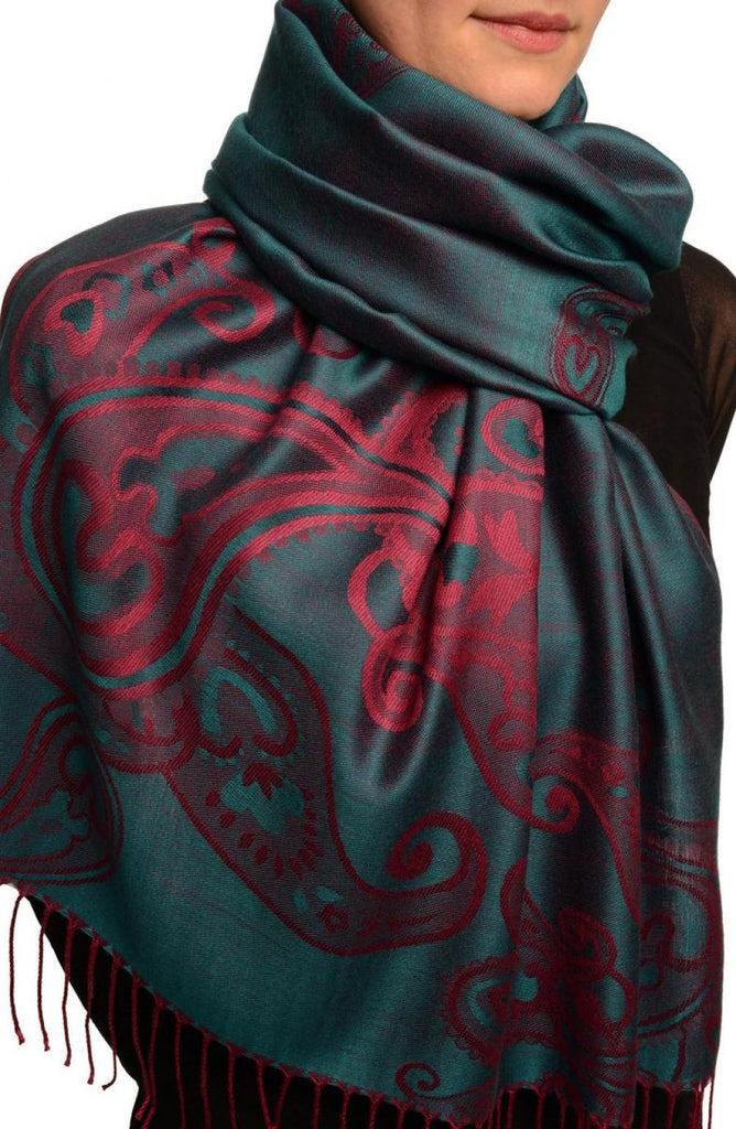 Liss Kiss Joined Red Paisleys On Teal Blue Pashmina Feel With Tassels - Scarf