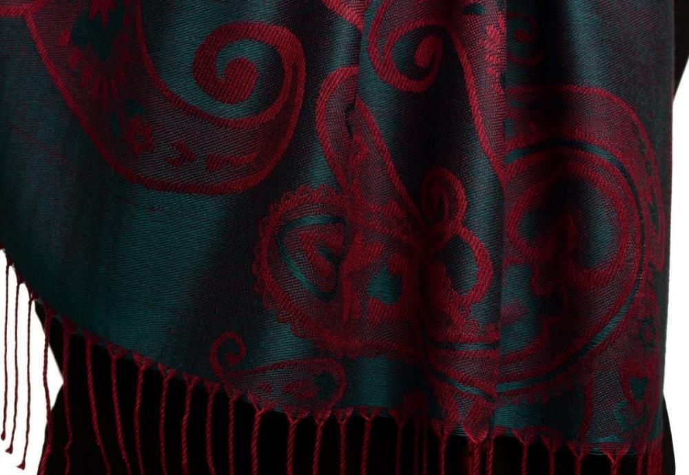 Liss Kiss Joined Red Paisleys On Teal Blue Pashmina Feel With Tassels - Scarf