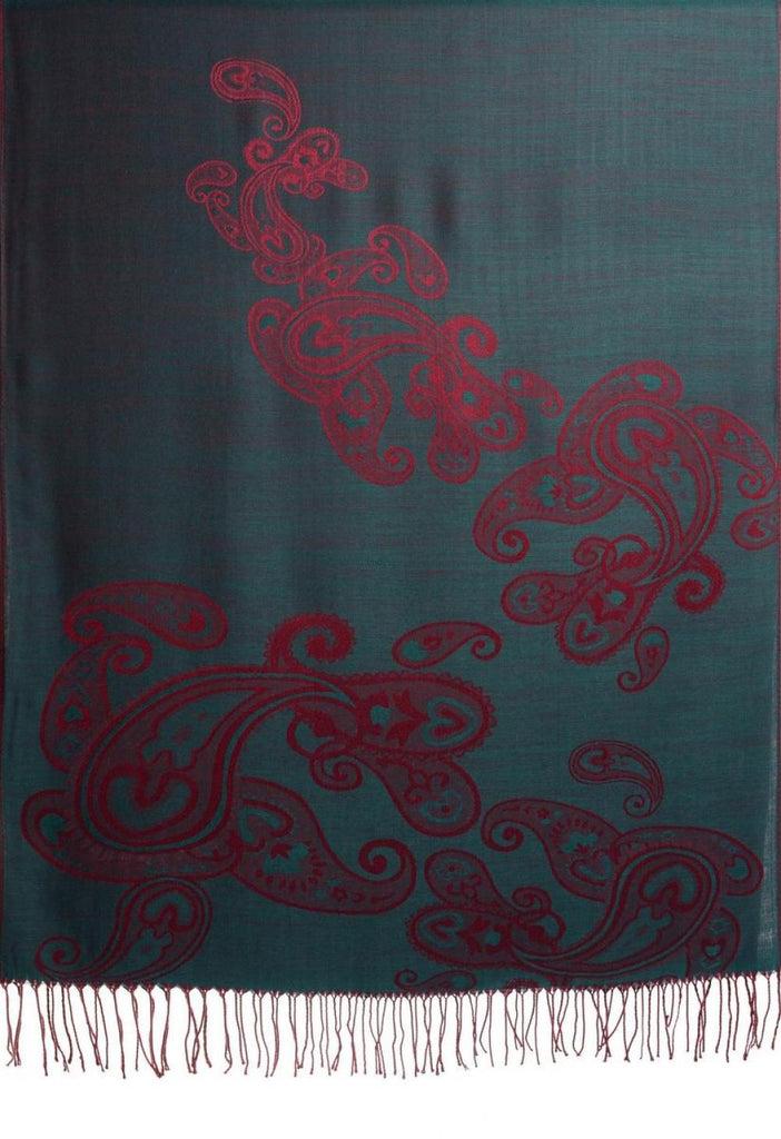 Liss Kiss Joined Red Paisleys On Teal Blue Pashmina Feel With Tassels - Scarf
